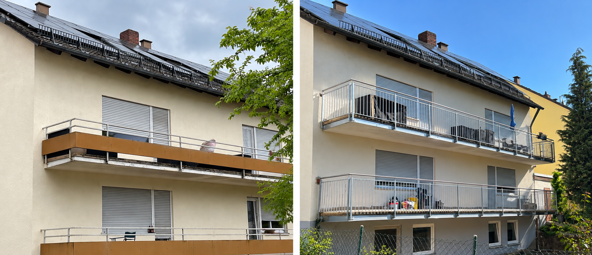 Laaberstraße in Regensburg: Balkone vor der Sanierung links und nach der Sanierung rechts, digital bearbeitete Projektfotos